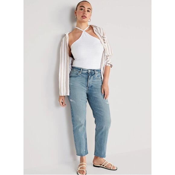 Old Navy Denim - Old Navy High-Rise Button-Fly Sky-Hi Straight Raw-Hem Blue Jeans New size 24